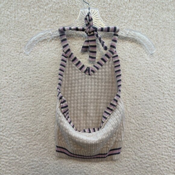 Y2K Vintage Crochet Knit Halter Crop Top XS Cream Ivory White Boho Fairy Grunge - Picture 2 of 7